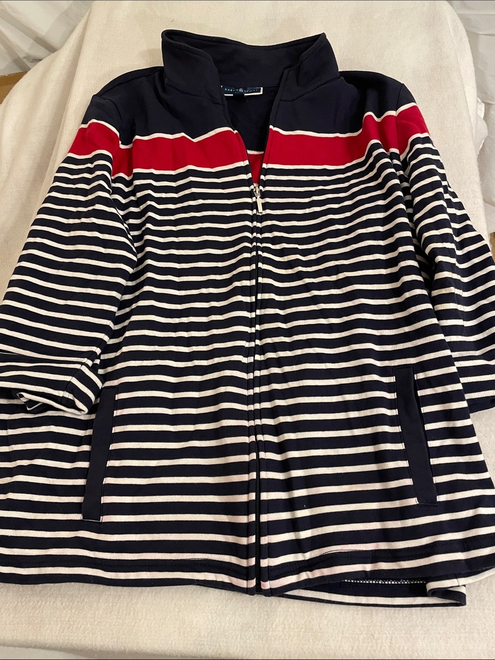Karen Scott Sport, White and Red Striped Quarter Zip Sweatshirt